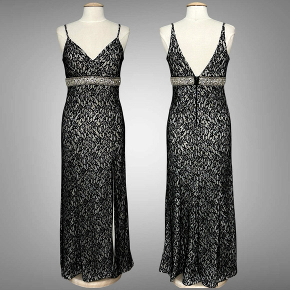Formal Evening Womens Dress Juniors 11 Black Silver Lace Rhinestones Whimsigoth - Picture 1 of 16